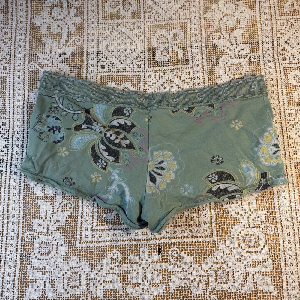 Old Navy VTG Sage Green Floral Paisley Cotton Micro Mini Lounge Shorts Sz L Y2K - Picture 7 of 11
